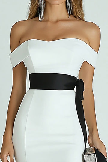 White Off The Shoulder Graduation Dress With Slit